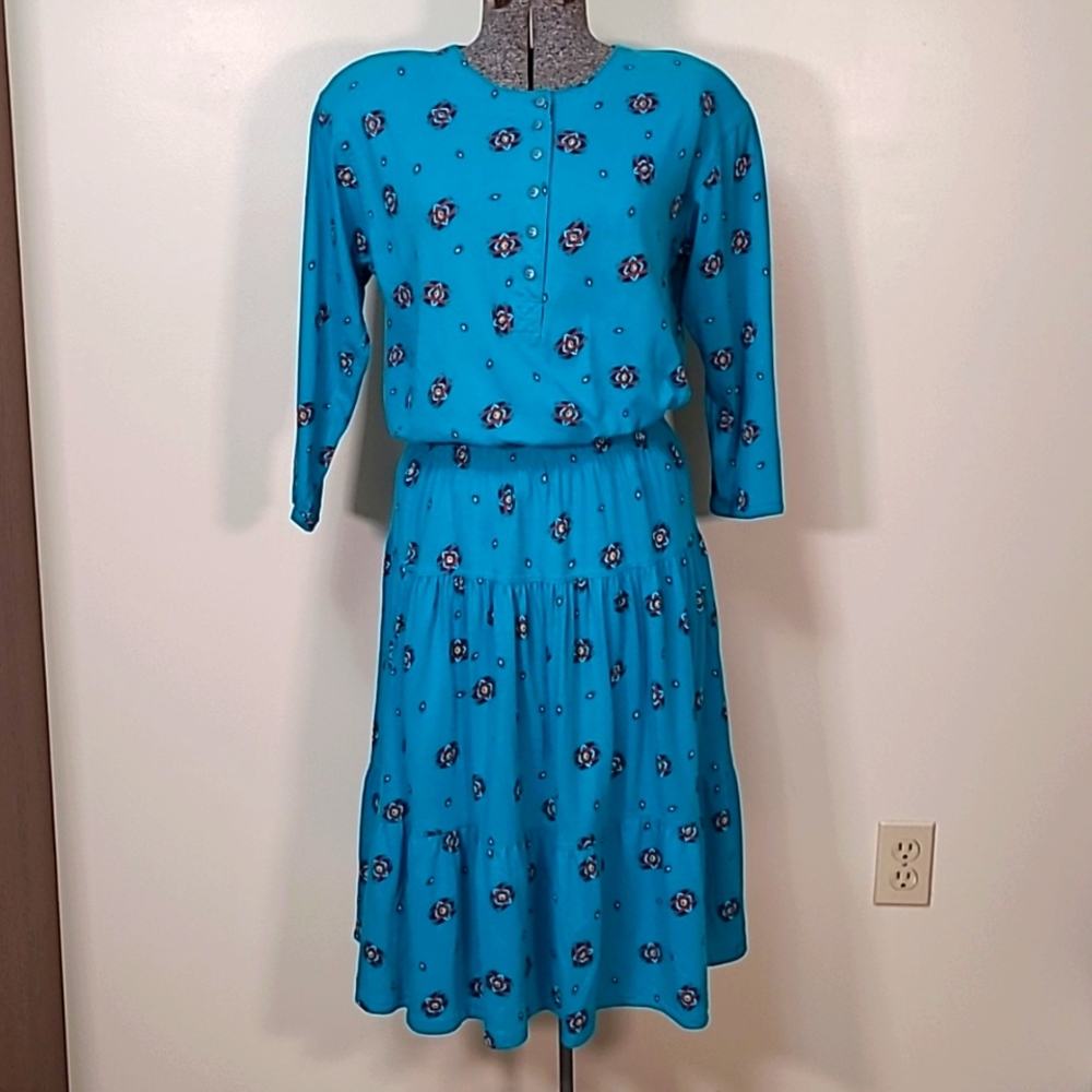 Vtg 80s Carole Little St Tropez Knit Set Top Skirt Aztec Turquoise Blue Small